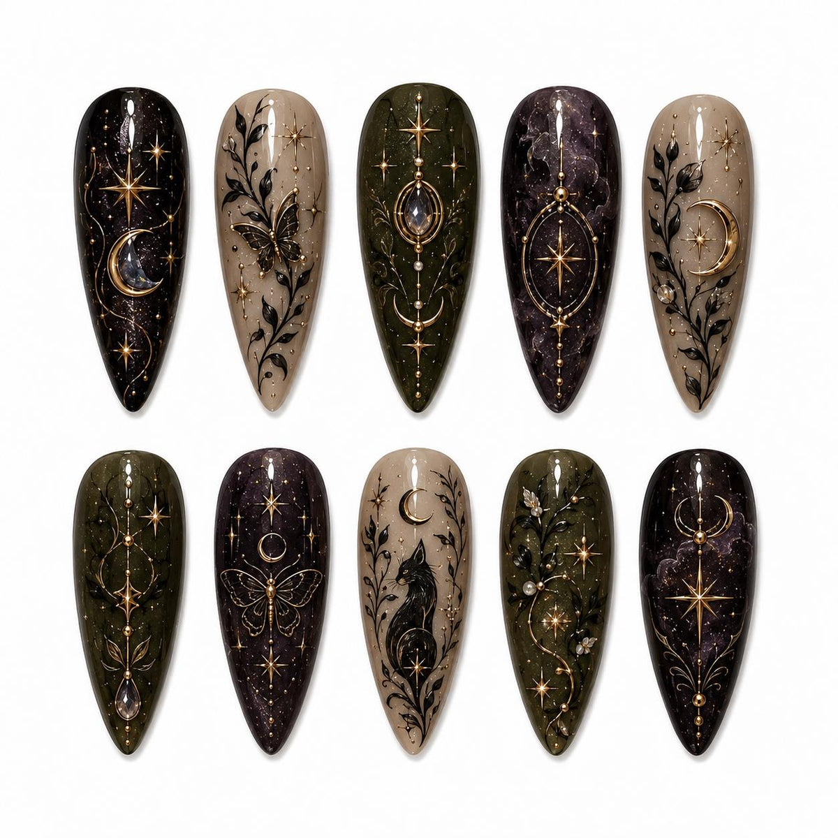 Gothic Autumn Celestial Black Cat and Moth Nail Set in Olive, Taupe and Gold