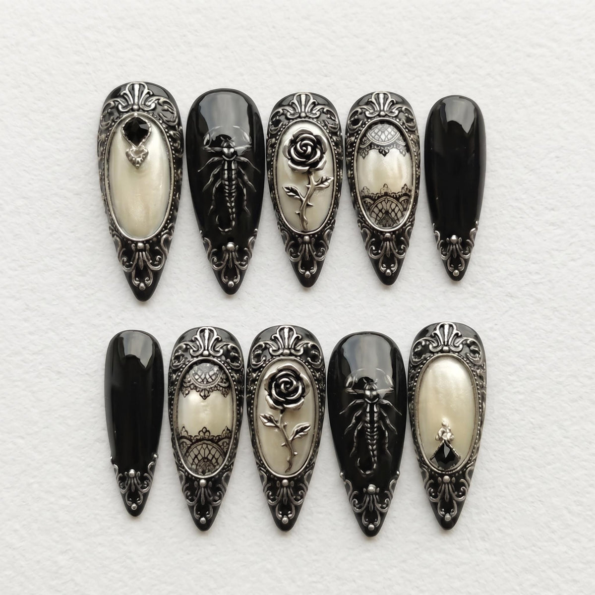 Gothic Baroque Black and Ivory Nails with Silver Roses, Scorpions, and Lace Details