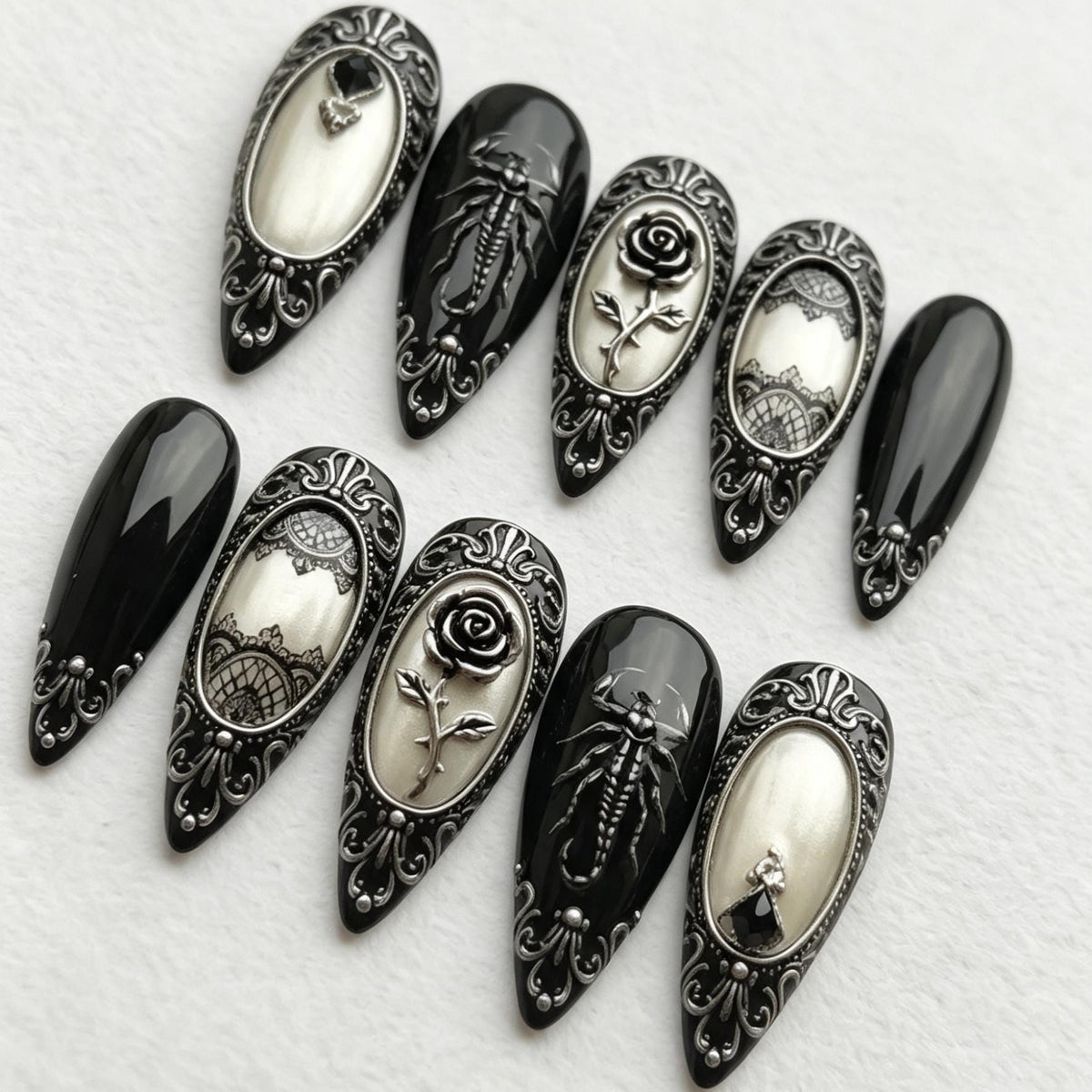 Gothic Baroque Black and Ivory Nails with Silver Roses, Scorpions, and Lace Details