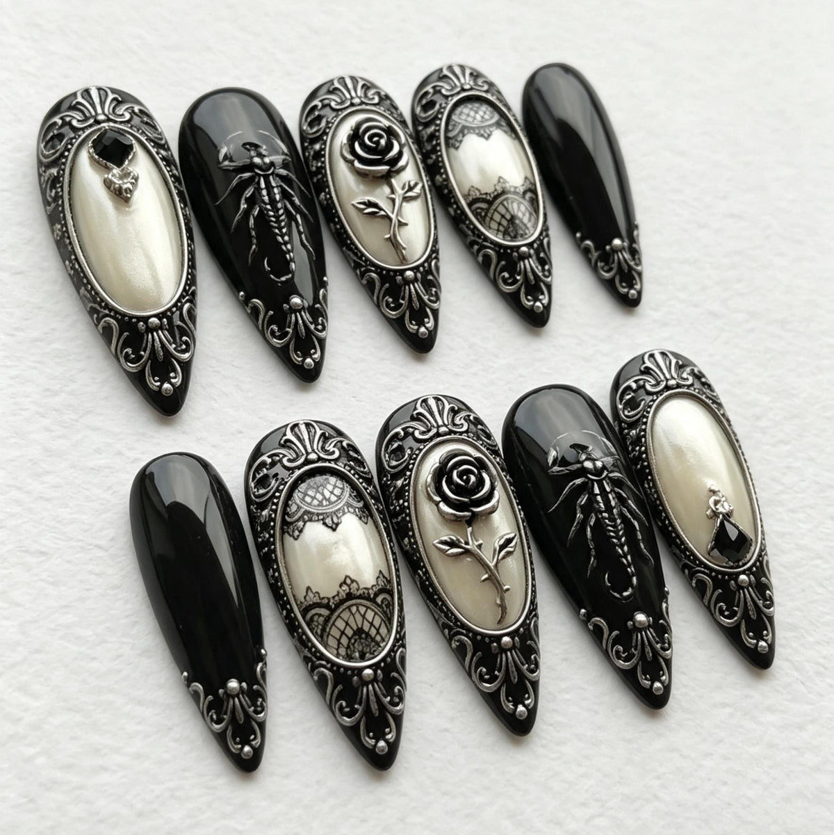 Gothic Baroque Black and Ivory Nails with Silver Roses, Scorpions, and Lace Details