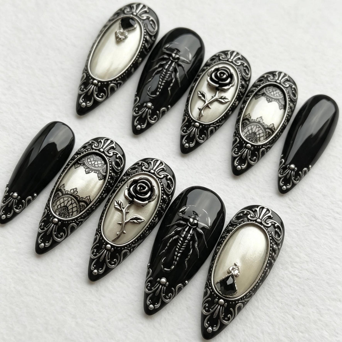 Gothic Baroque Black and Ivory Nails with Silver Roses, Scorpions, and Lace Details