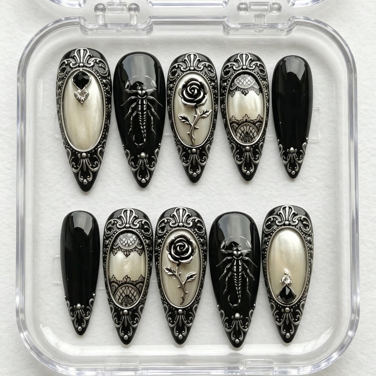 Gothic Baroque Black and Ivory Nails with Silver Roses, Scorpions, and Lace Details