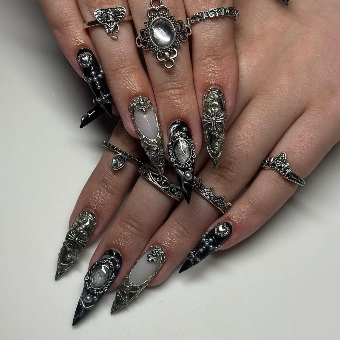 Gothic Baroque Black and Silver 3D Filigree Press On Nails