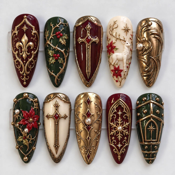 Gothic Baroque Christmas Press On Nails With Gold Scrollwork, Deer and Red Florals