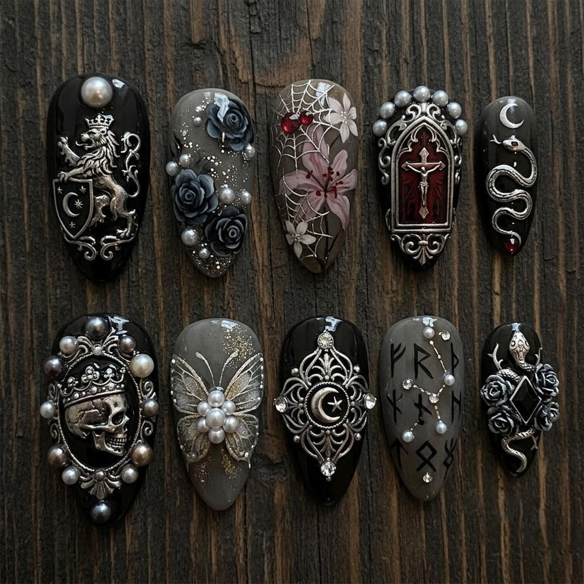 Gothic Baroque Nails With Silver Relief, Pearls, and Rose Details