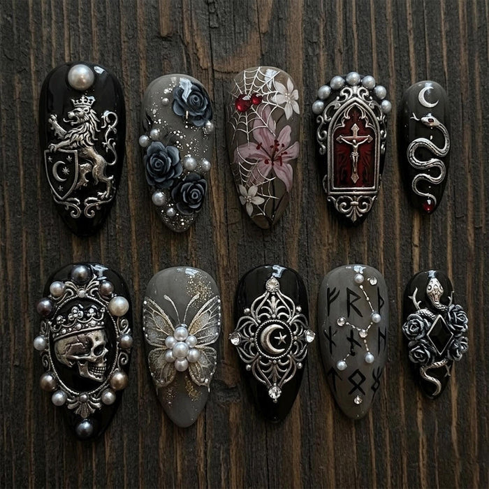 Gothic Baroque Press On Nails With Silver Relief, Pearls, and Rose Details
