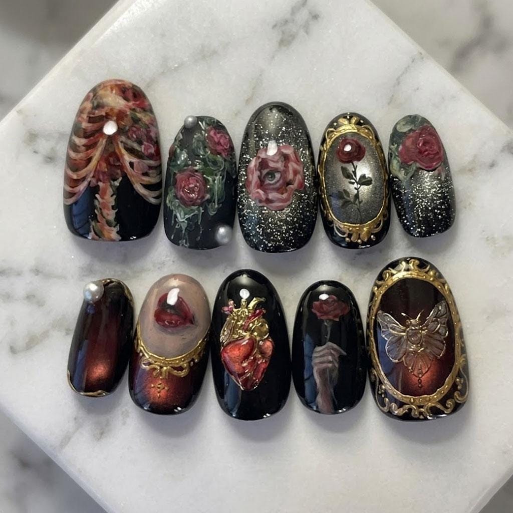 Gothic Baroque Press On Nails With Framed Roses and Sacred Heart