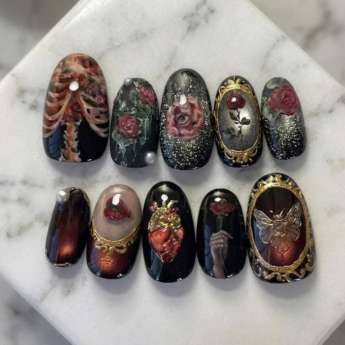 Gothic Baroque Press On Nails With Framed Roses and Sacred Heart