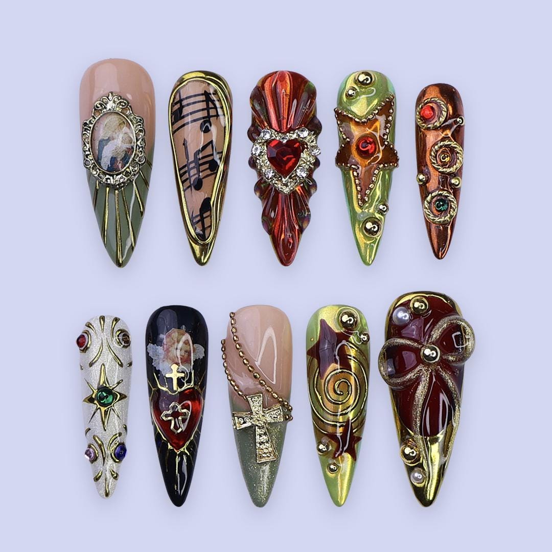 Gothic Baroque Press On Nails with Red Stones, Gold Trim, Crosses and Music Notes