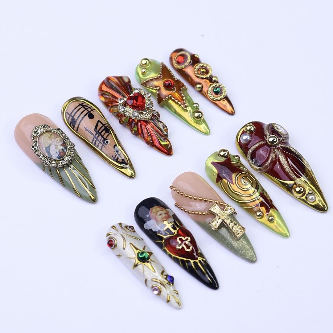 Gothic Baroque Press On Nails with Red Stones, Gold Trim, Crosses and Music Notes