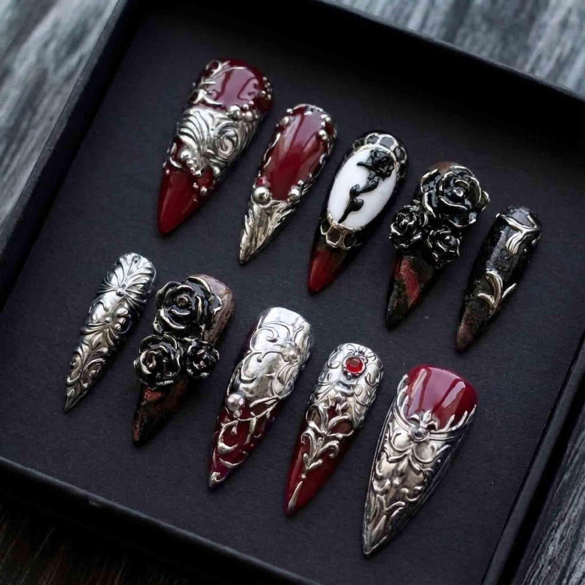 Gothic Baroque Press On Nails With Silver Filigree, Black Roses & Red Gem Details