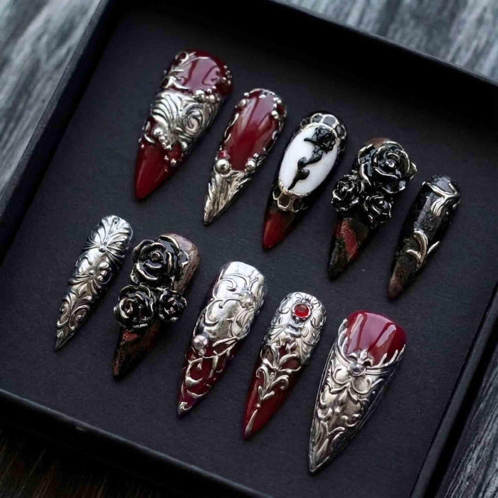 Gothic Baroque Press On Nails With Silver Filigree, Black Roses & Red Gem Details