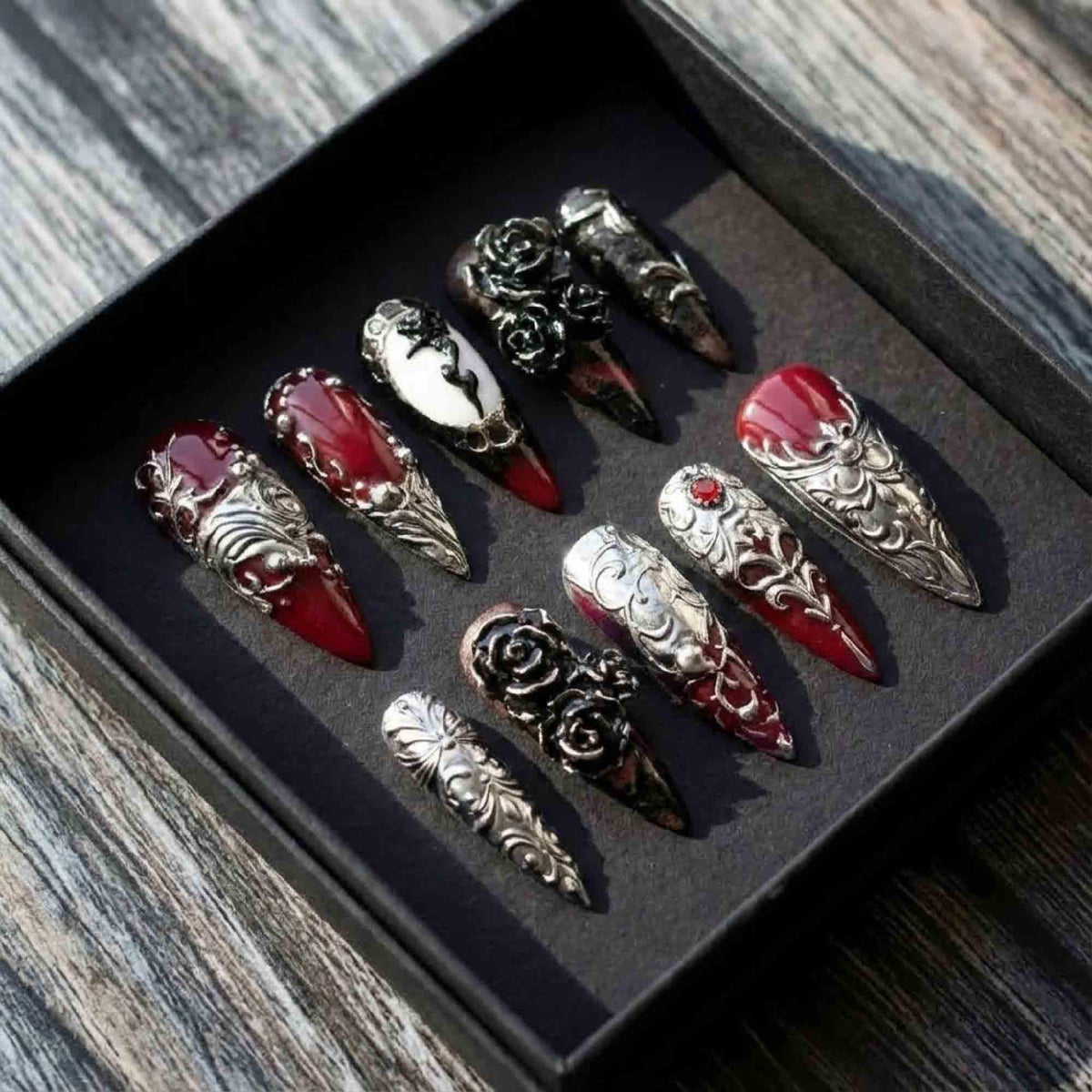 Gothic Baroque Press On Nails With Silver Filigree, Black Roses & Red Gem Details