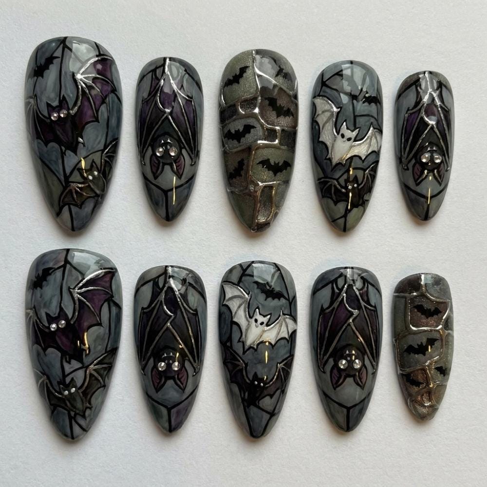 Gothic Bat Stained Glass Halloween Press On Nails in Gray and Purple