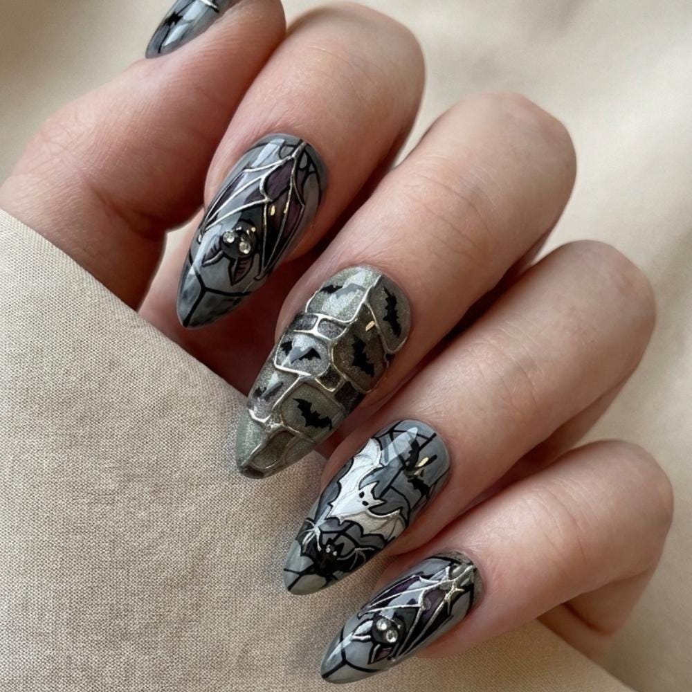 Gothic Bat Stained Glass Halloween Press On Nails in Gray and Purple