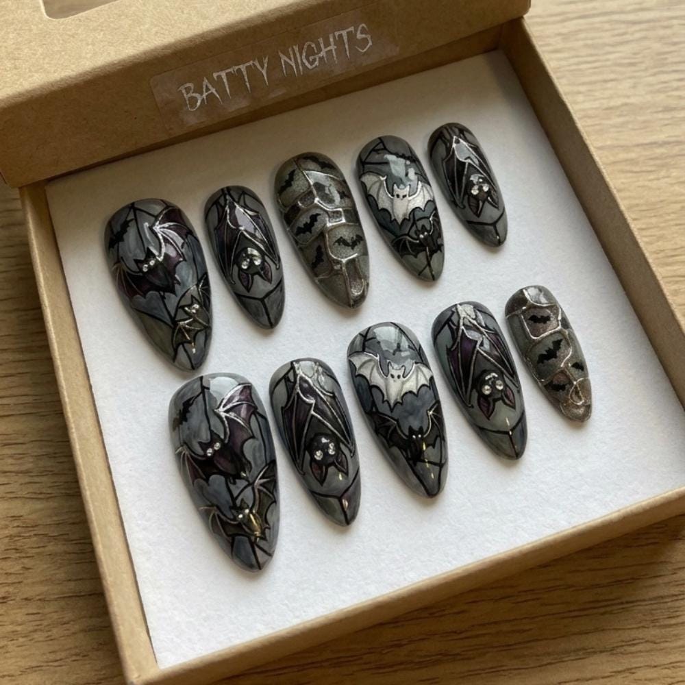 Gothic Bat Stained Glass Halloween Press On Nails in Gray and Purple