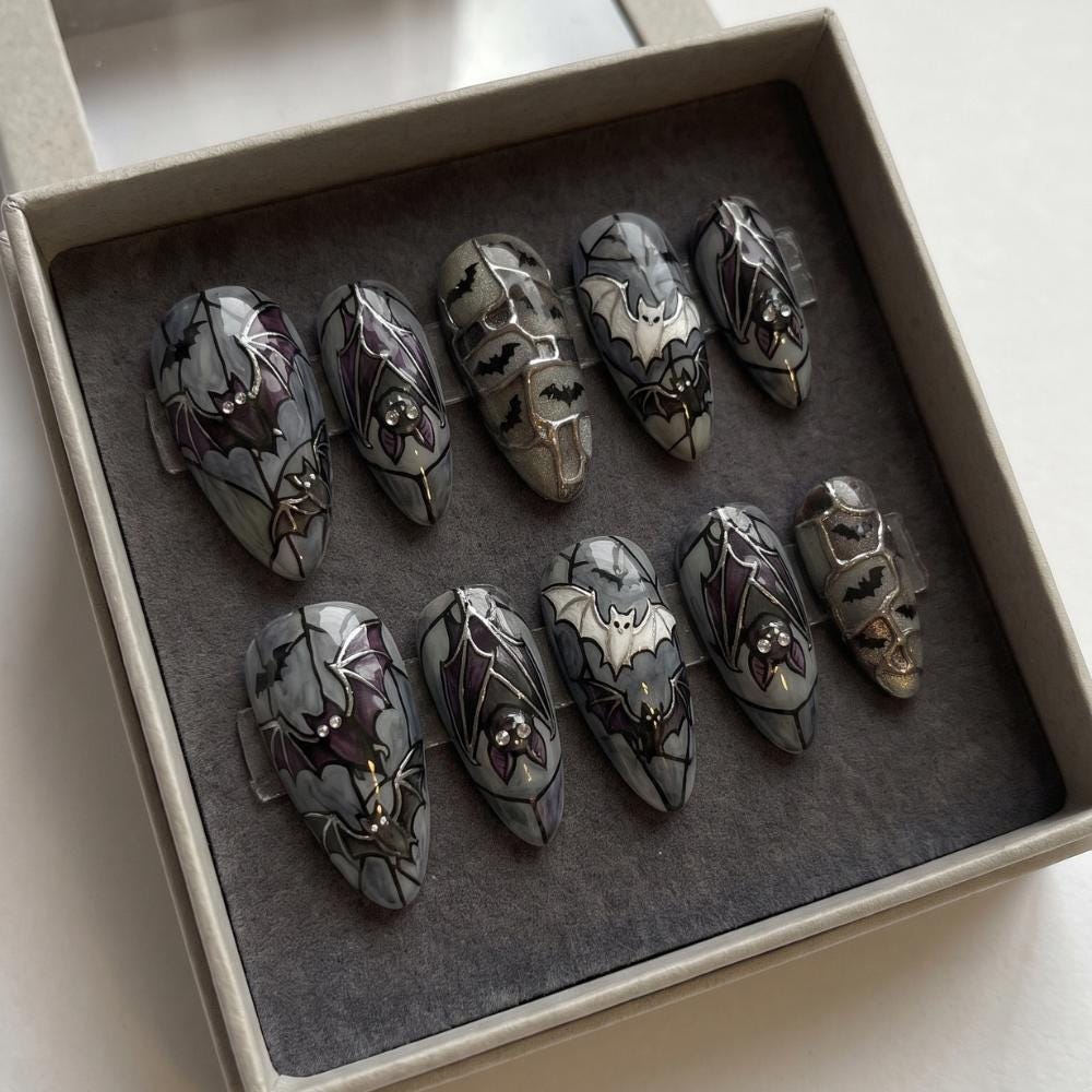 Gothic Bat Stained Glass Halloween Press On Nails in Gray and Purple