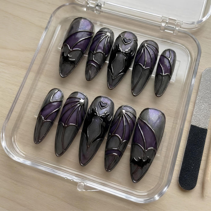 Gothic Bat Wing Press On Nails in Shimmering Purple and Slate Gray