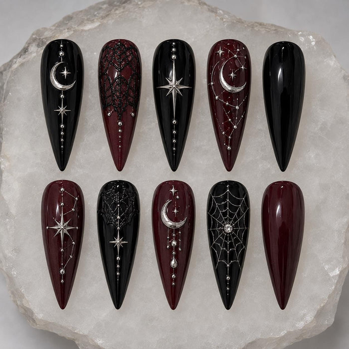 Gothic Black and Burgundy Celestial Press On Nails with Silver Moons, Stars and Web Details