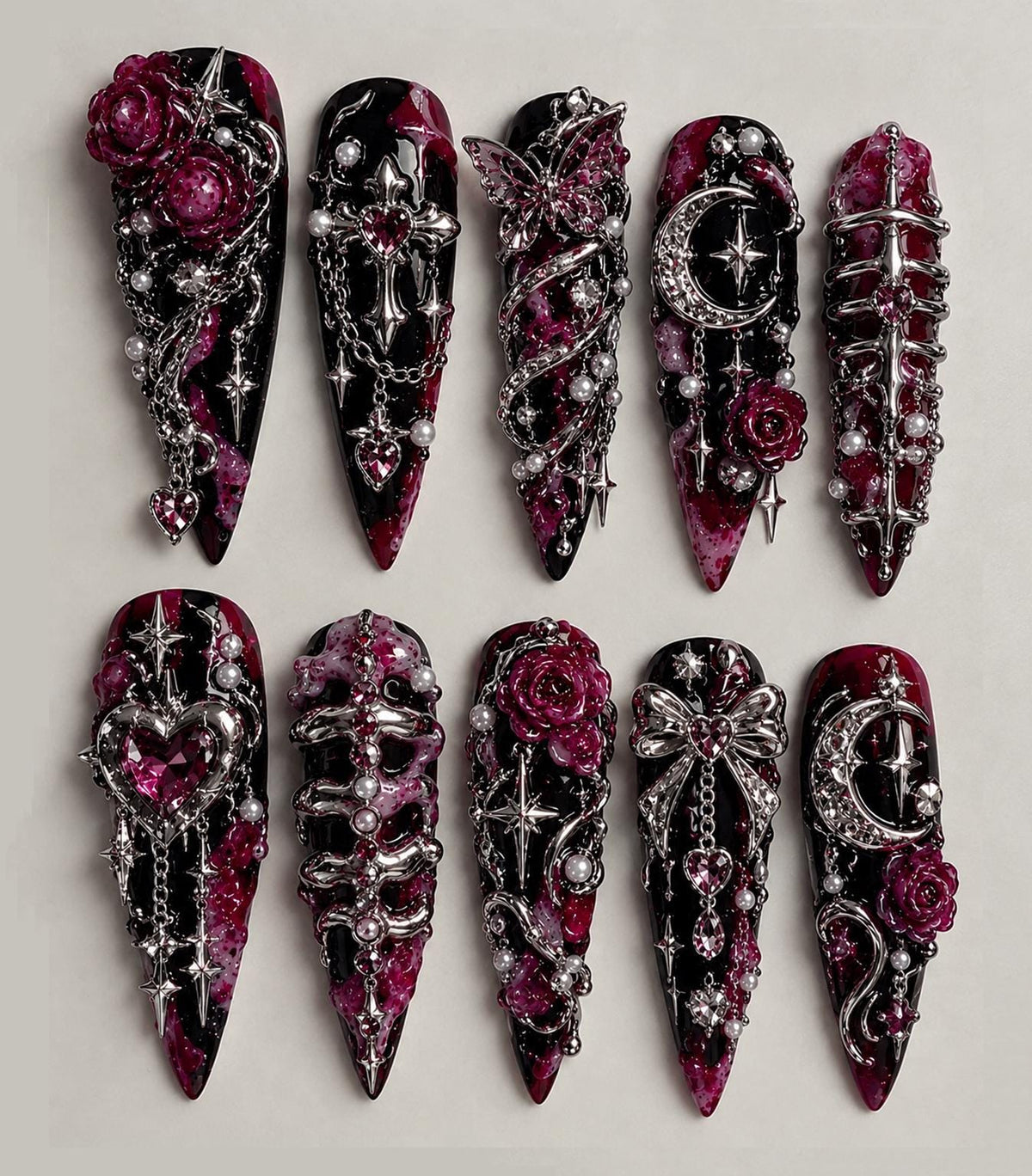 Gothic Black and Burgundy Marble Press-On Nails with Silver Chains, Roses and Charms