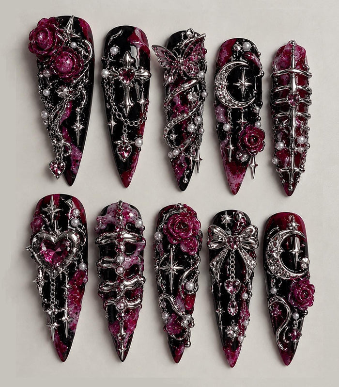 Gothic Black and Burgundy Marble Press-On Nails with Silver Chains, Roses and Charms