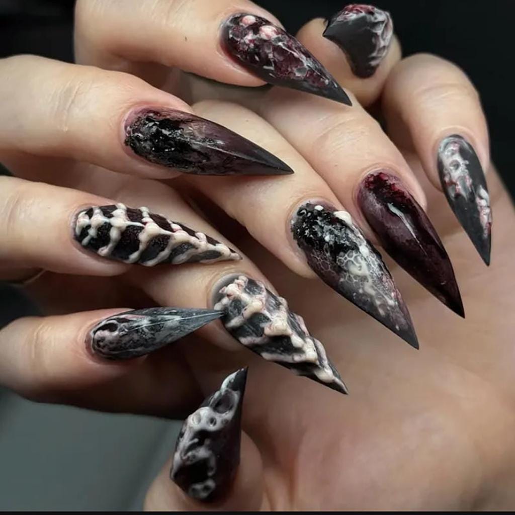 Gothic Black and Burgundy Marble Press On Nails with Raised Snake Texture