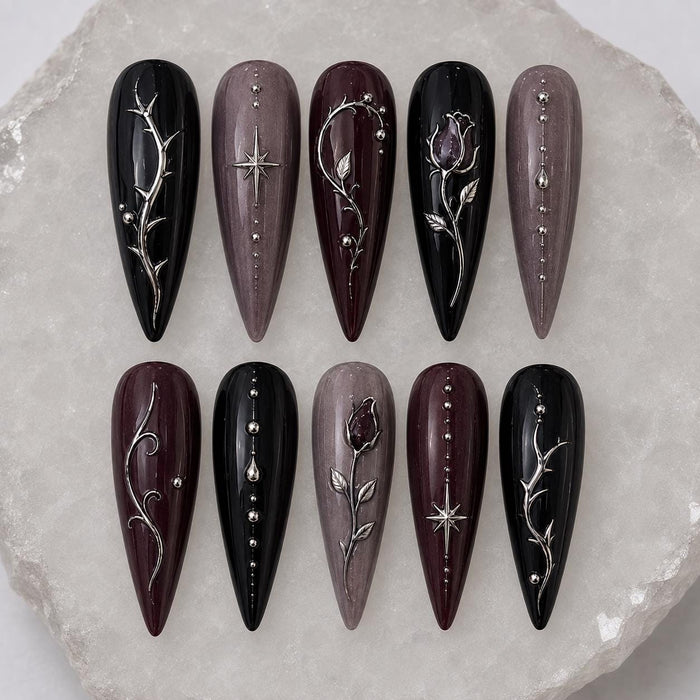 Gothic Black and Burgundy Press On Nails with Silver Rose Vines and Rhinestones