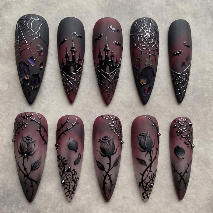 Gothic Black and Burgundy Ombré Press-On Nails With Castles, Bats and Roses