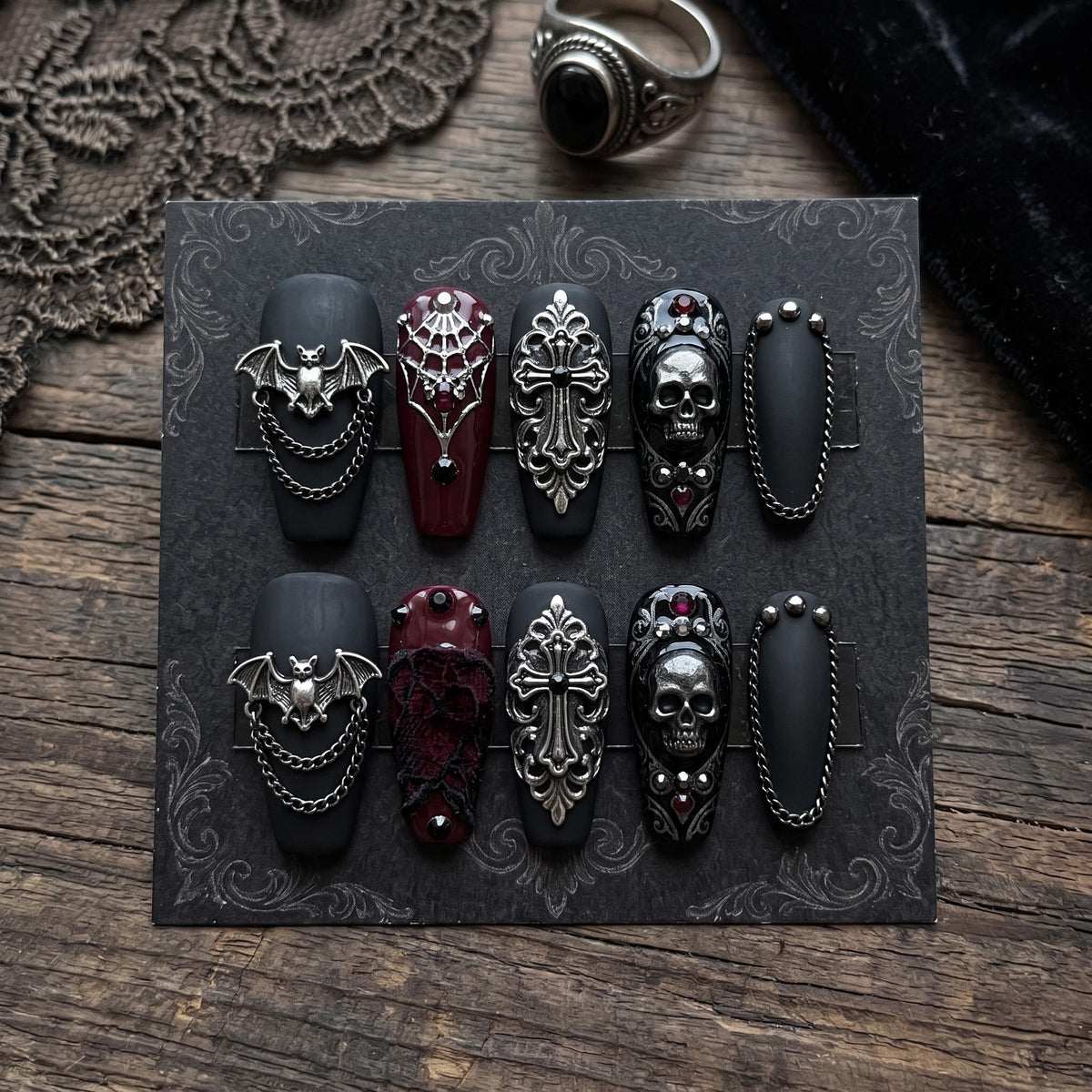 Gothic Black and Burgundy Press On Nails With Silver Bats, Skulls and Chains