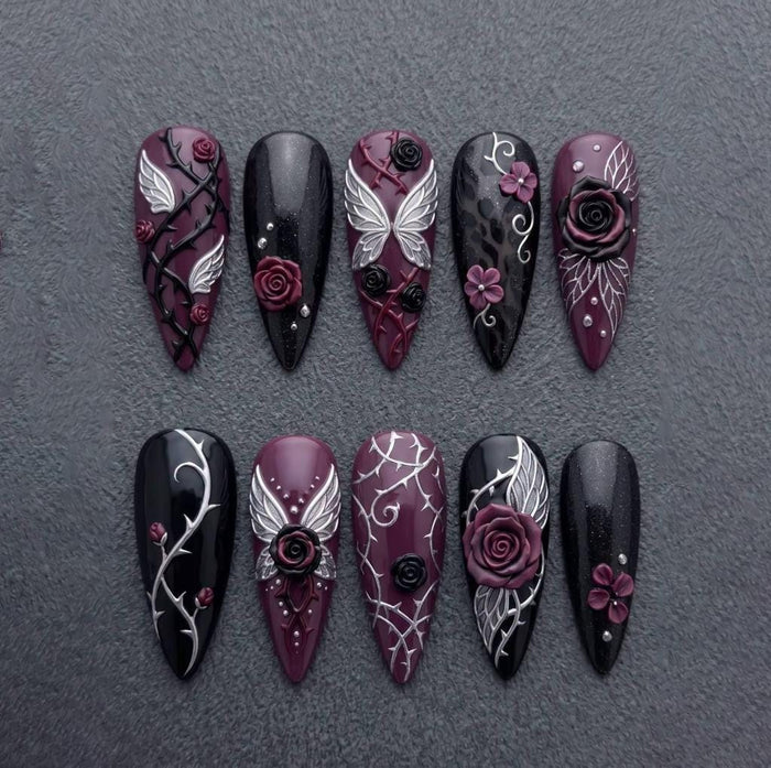 Gothic Black and Burgundy Rose Press On Nails with Silver Wings and Thorn Vines