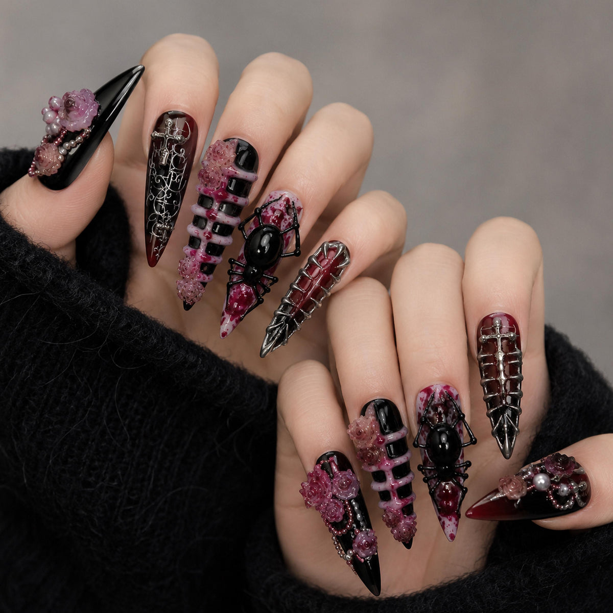 Gothic Black and Burgundy Spider Nails with 3D Roses and Silver Chains