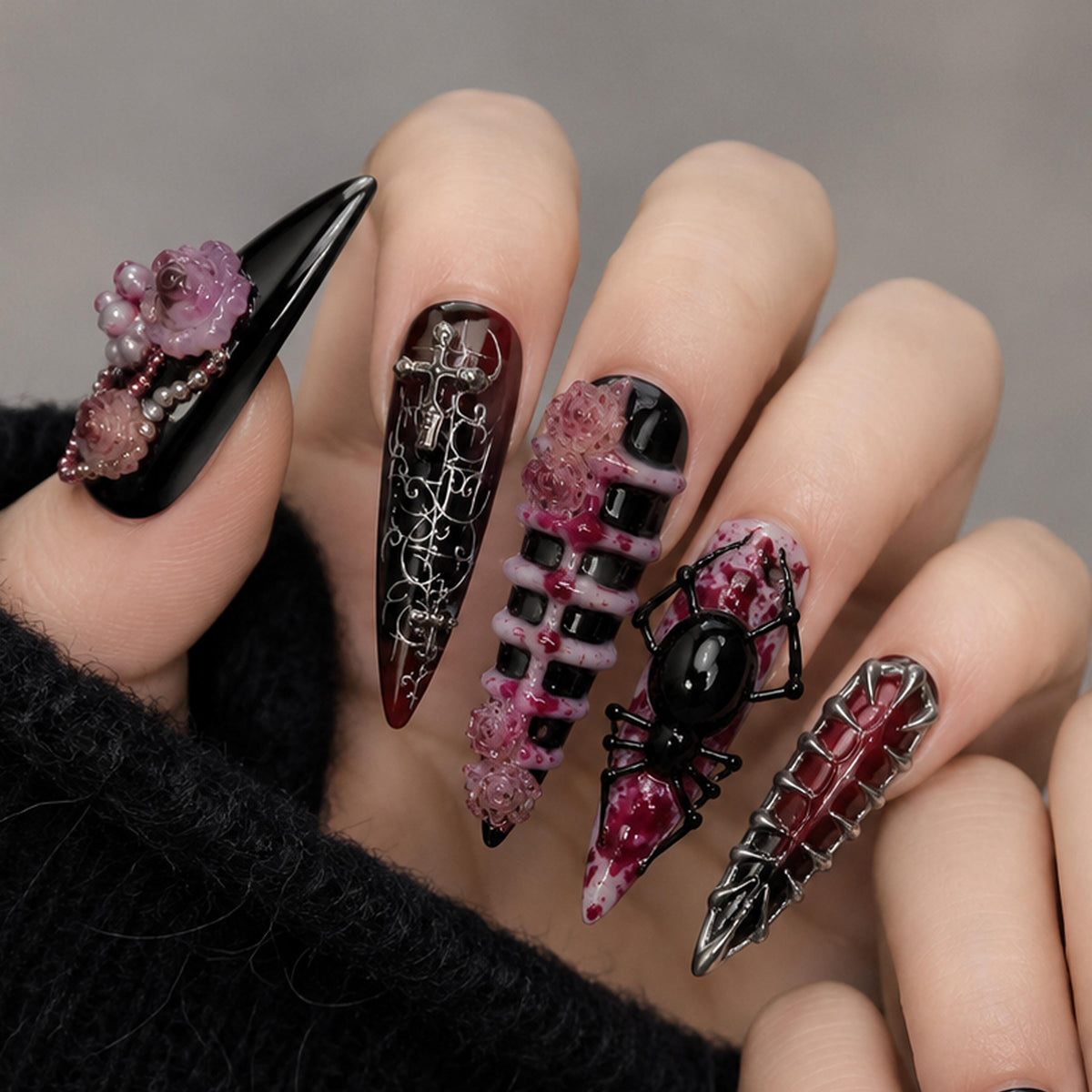 Gothic Black and Burgundy Spider Nails with 3D Roses and Silver Chains