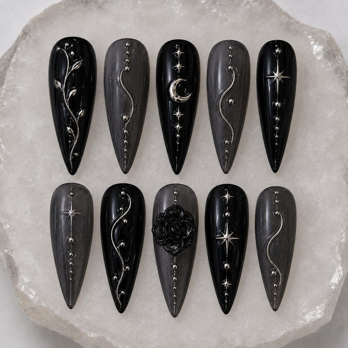 Gothic Black and Charcoal Celestial Press On Nails with Silver Moons and Sculpted Rose