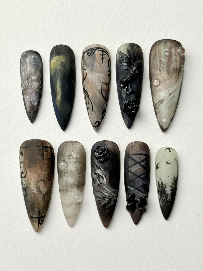 Gothic Black and Gray Press On Nails with Sculpted Roses, Scrollwork, and Distressed Marble