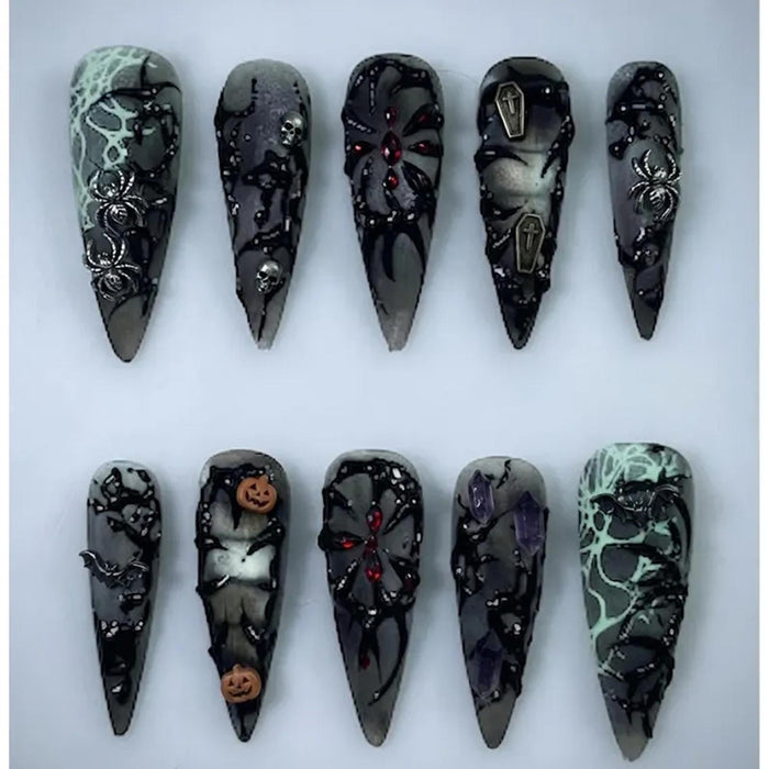 Gothic Black and Gray Spider Web Press-On Nail Set with Red Rhinestones and Pumpkin Accents