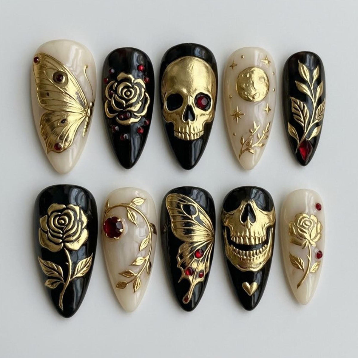 Gothic Black and Ivory Nail Set with Gold Skulls, Roses and Butterfly Wings