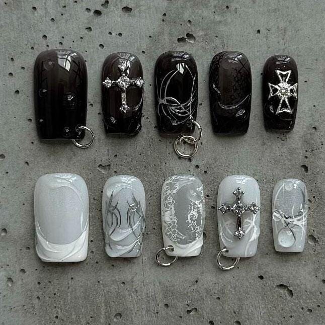 Gothic Black and Milky White Press-On Nails with Silver Crosses and Lace
