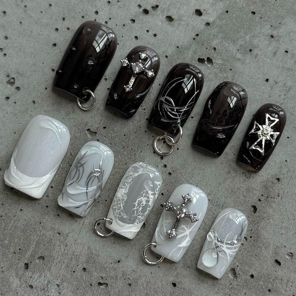 Gothic Black and Milky White Press-On Nails with Silver Crosses and Lace