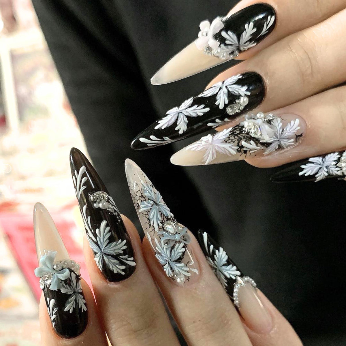 Gothic Black and Nude Floral Press On Nails with 3D Blue Flowers and Rhinestones