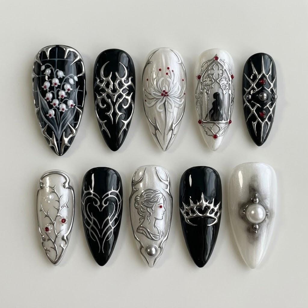 Gothic Black and Pearly White Nails With Silver Filigree, Webs and Pearl Details