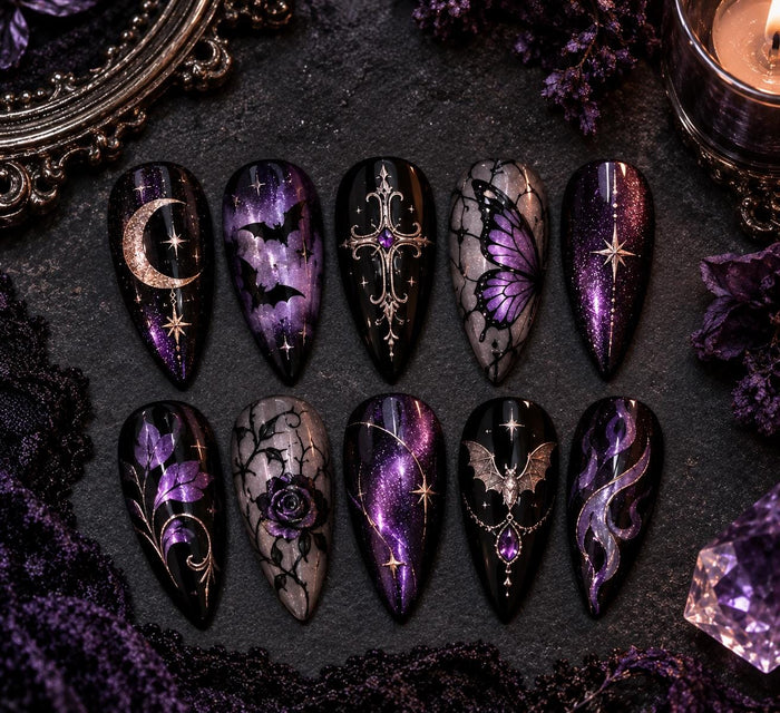 Gothic Black and Purple Celestial Press On Nails with Bats, Butterfly and Cross
