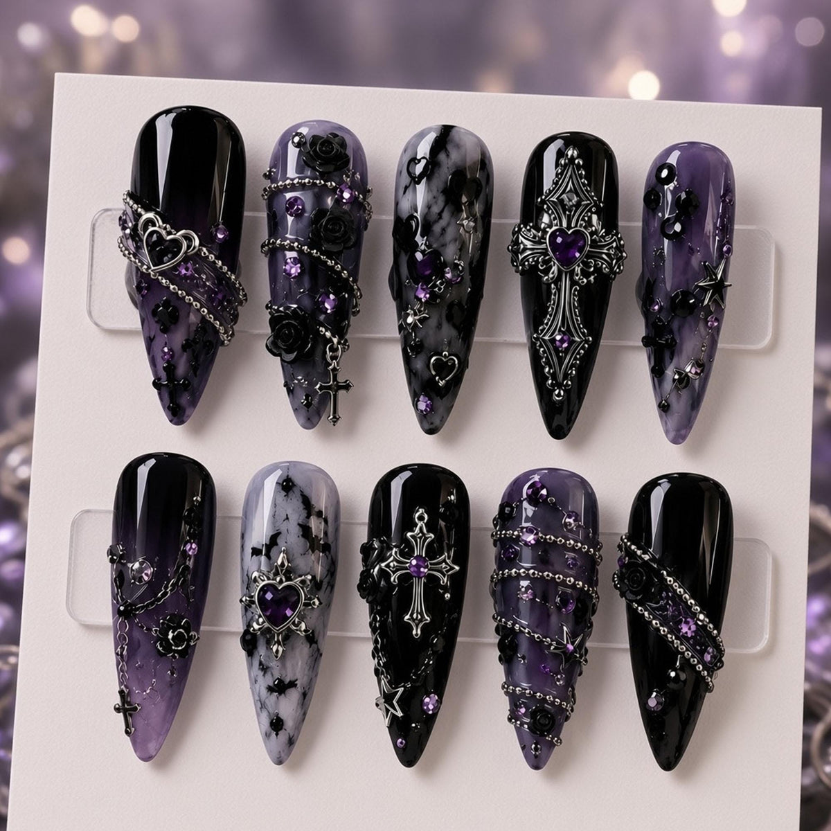 Gothic Black and Purple Marble Nails with Rose, Cross, and Heart Charms