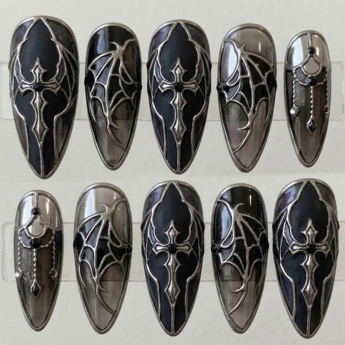 Gothic Black and Silver Chrome Cross Press On Nail Set