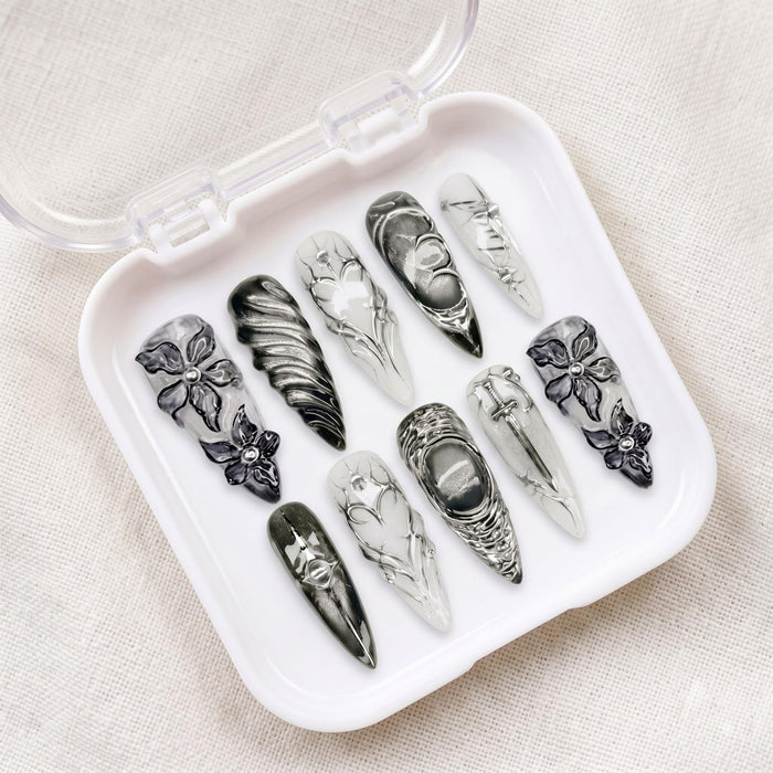 Gothic Black and Silver Chrome Floral Press On Nails With Cross Motifs for Halloween