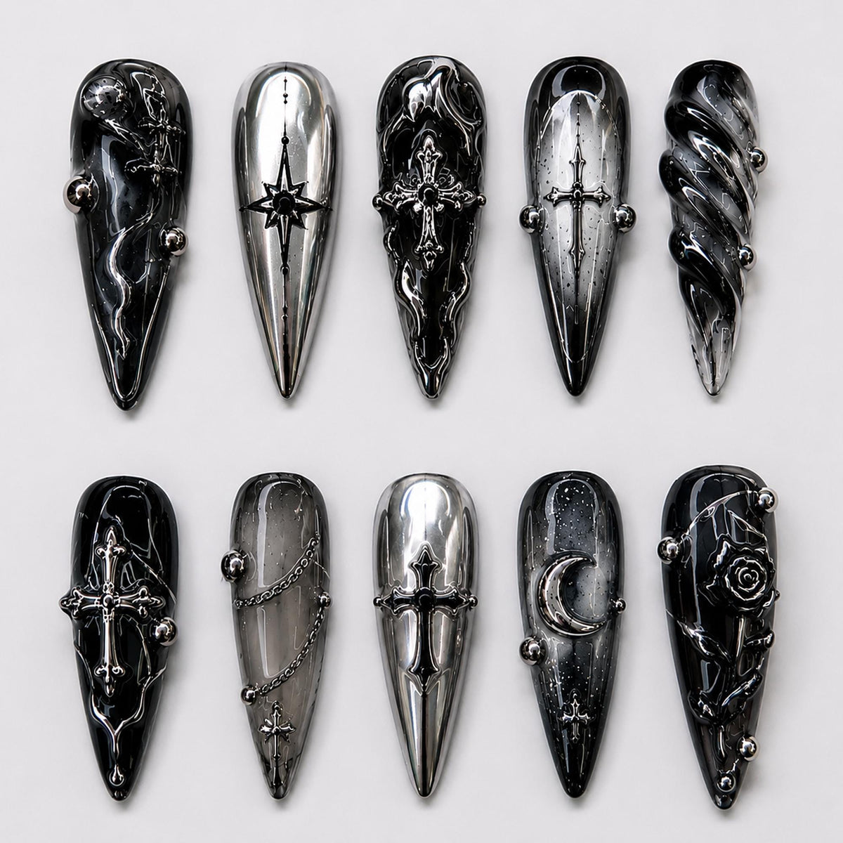 Gothic Black and Silver Chrome Nails with Crosses, Moon and Star