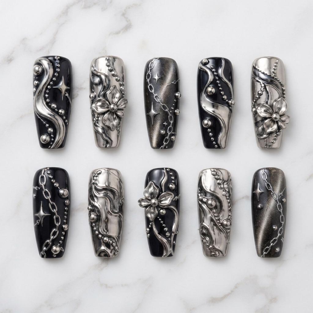Gothic Black and Silver Chrome Nails with Sculpted Flowers, Chains and Studs