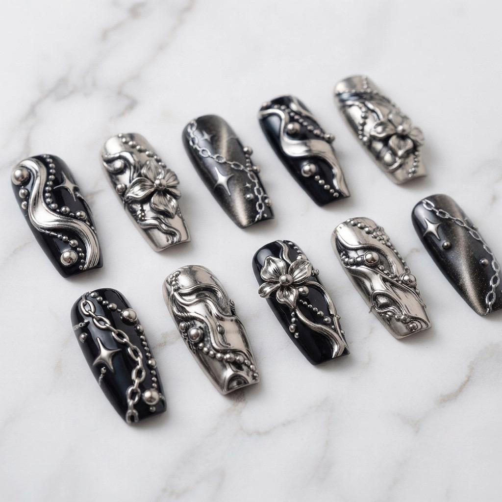 Gothic Black and Silver Chrome Nails with Sculpted Flowers, Chains and Studs