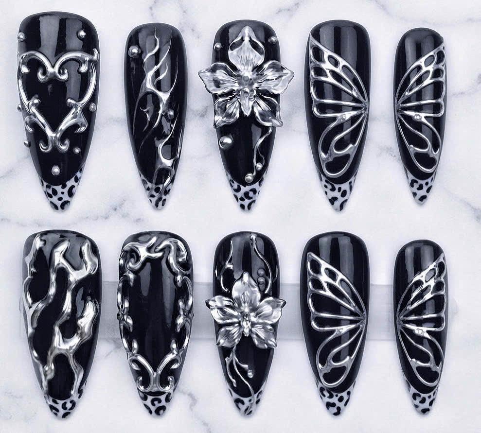 Gothic Black and Silver Chrome Press-On Nails With Sculpted Flowers and Butterfly-Wing Designs