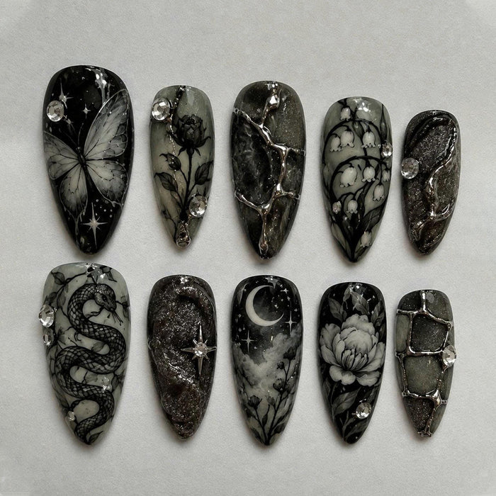 Gothic Black and Silver Floral Moon and Snake Press On Nail Set