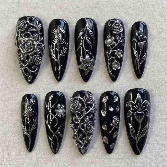 Gothic Black and Silver Floral Vine Press On Nails